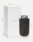 An infographic diagram showing the gun metal diffuser dimensions of 13.3cm by 7.1cm alongside its luxury white Vaucluse presentation box measuring 20.8cm by 10.5cm.