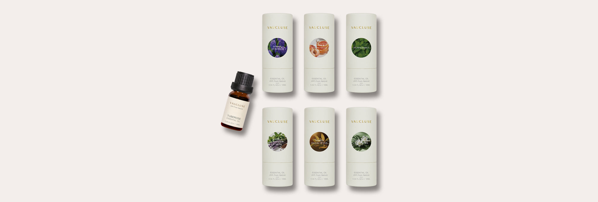 Vaucluse premium essential oil set featuring diverse natural fragrance scents in minimalist gift tubes