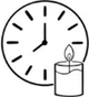 An icon of a clock positioned behind a candle in a glass tumbler, symbolizing the tip to burn the candle until the wax pool reaches all edges of the glass for an optimal future burn