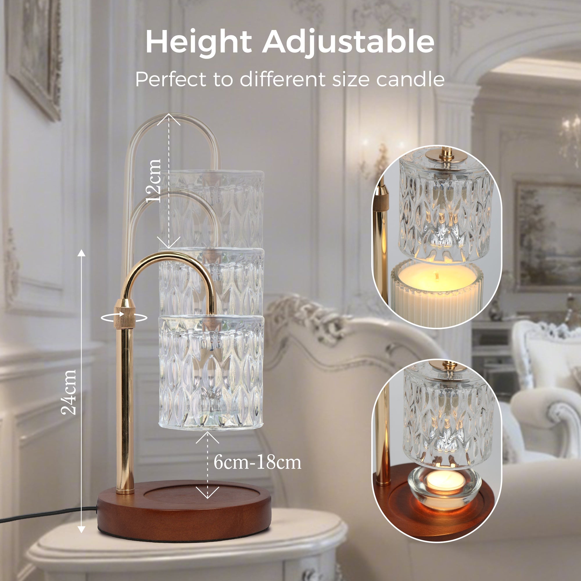 Graphic illustrating the adjustable pole height of the clear crystal candle warmer lamp to showcase how it fits various sized jar candles.