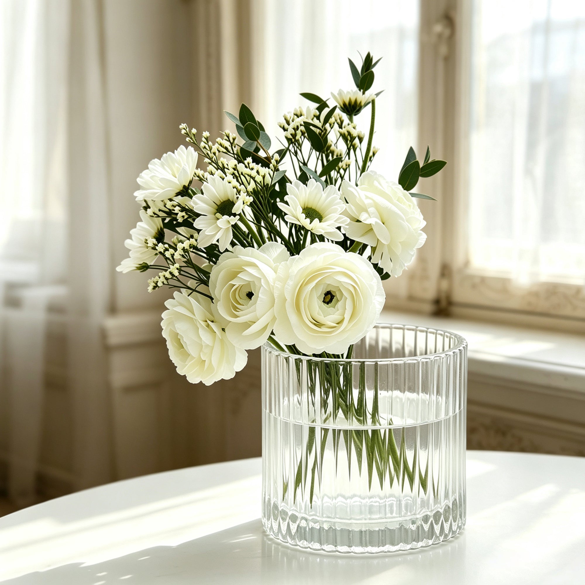 A luxury ribbed glass candle tumbler transitioned into an elegant, minimal flower vase filled with fresh white ranunculus flowers on a table.