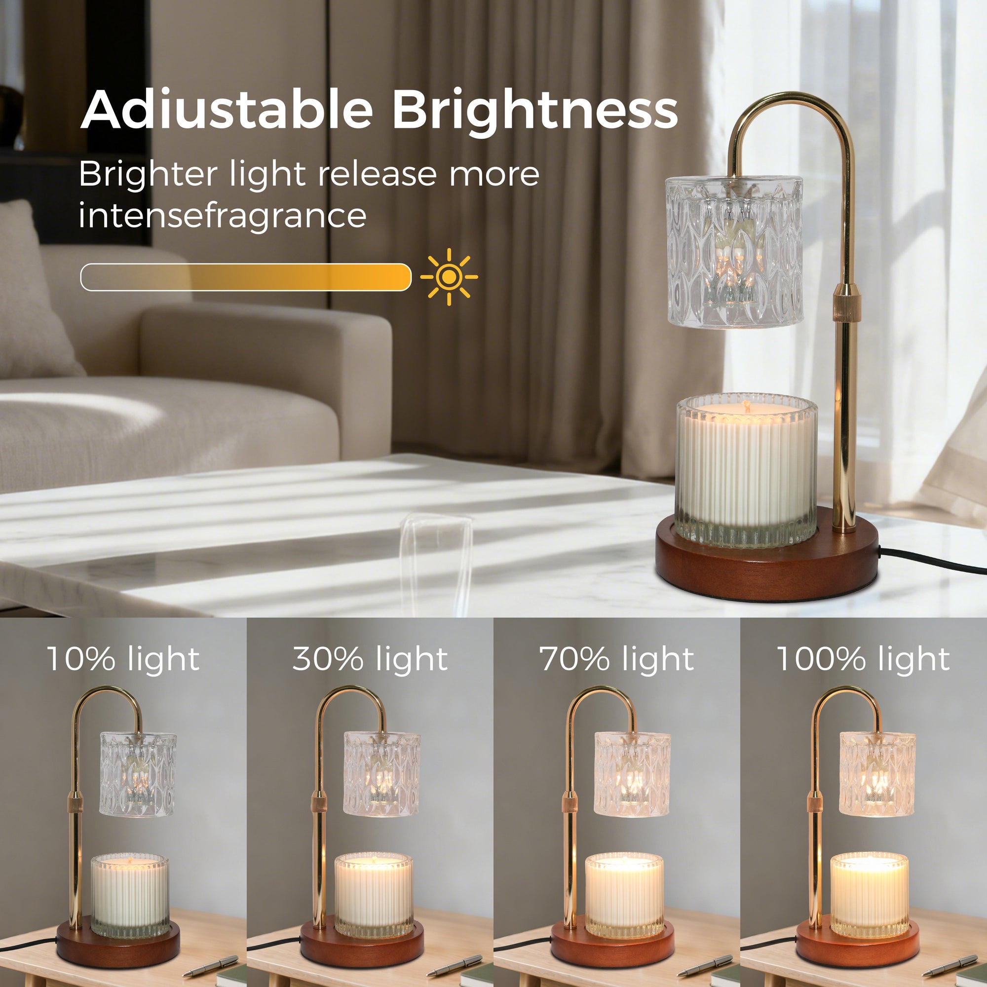 Product feature infographic highlighting the 25% to 100% dimmable brightness levels of a gold and clear glass electric candle melter lamp.