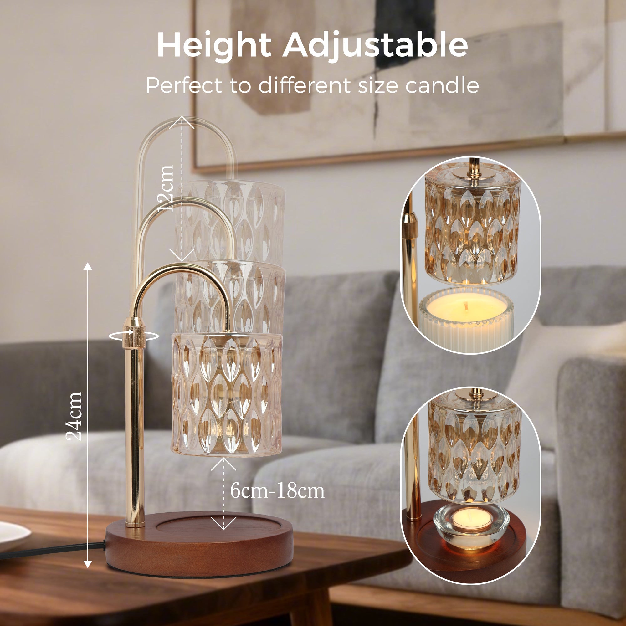 Diagram demonstrating the height-adjustable feature of a gold crystal candle warmer lamp to accommodate different jar candle sizes in a modern living room.