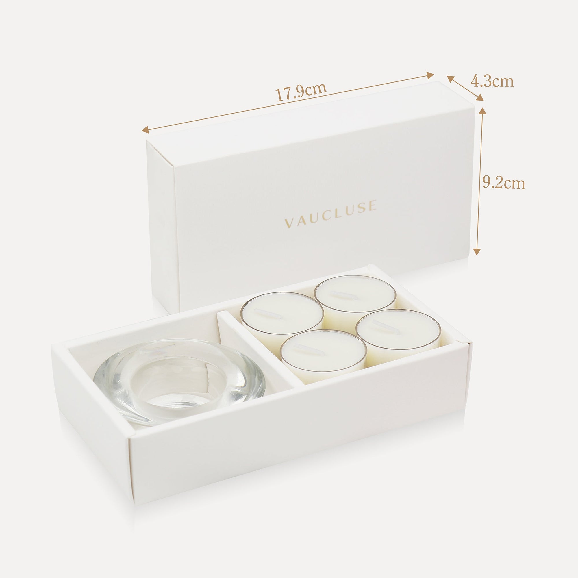 Product specification graphic illustrating the 17.9 cm length, 4.3 cm width, and 9.2 cm height packaging dimensions for the jasmine tealight set.