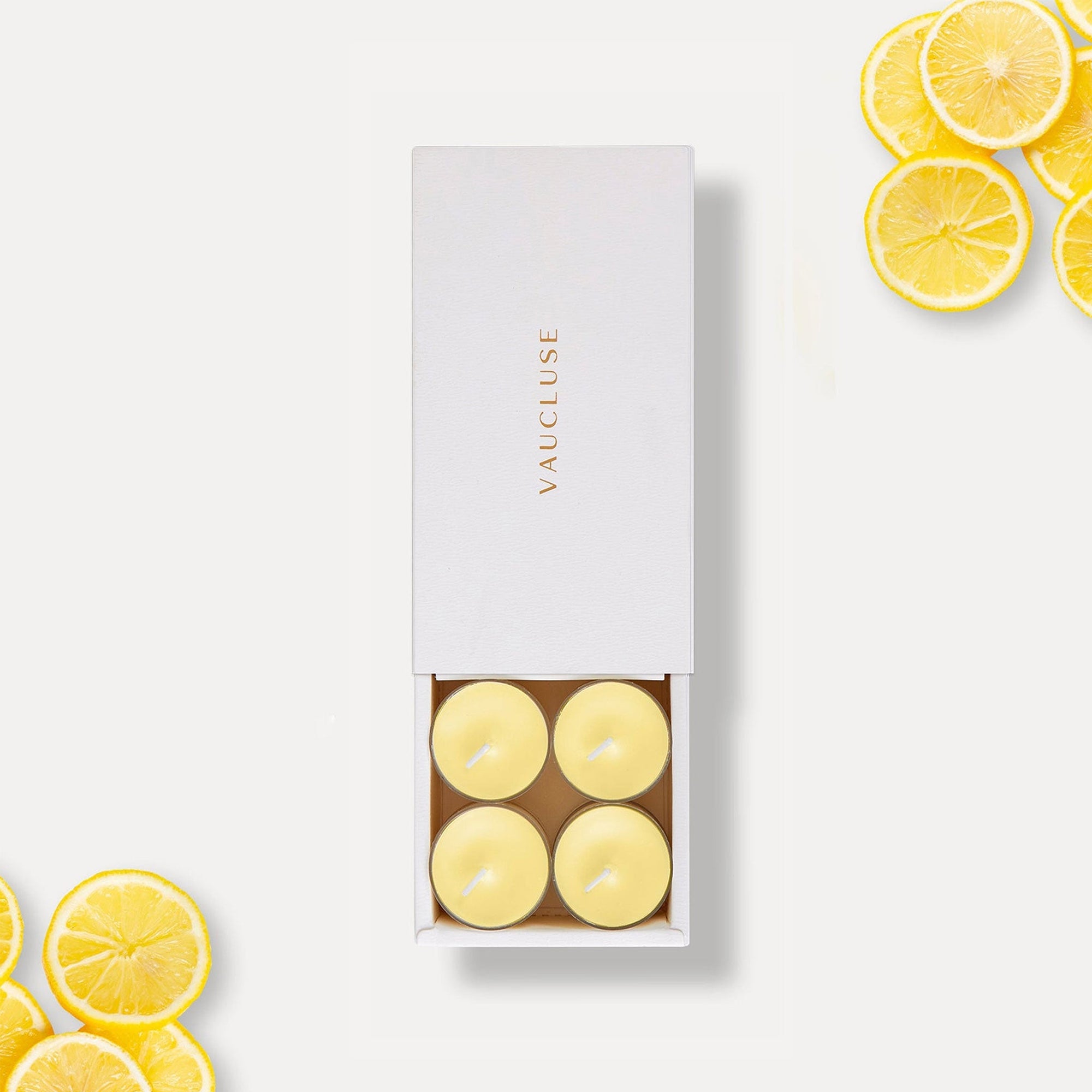 Vaucluse Lemon scented tealight candles in minimalist luxury packaging.