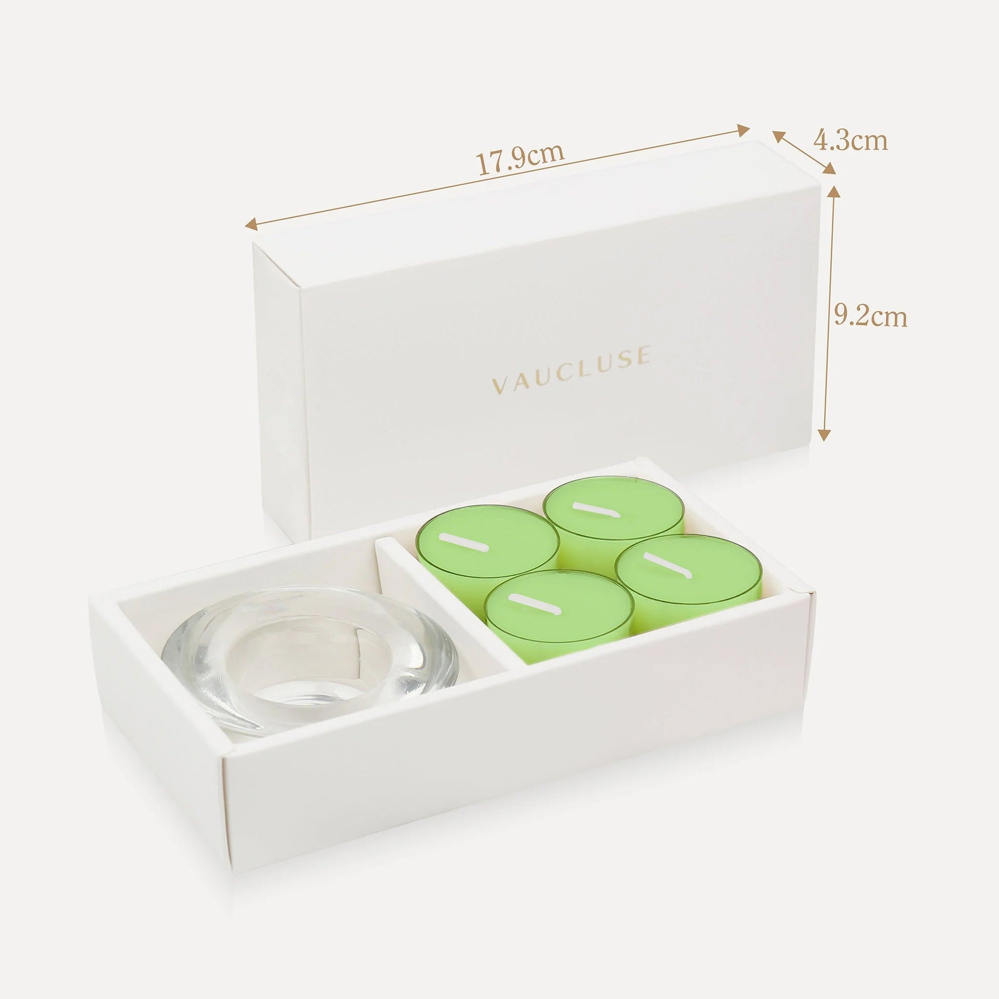 Technical specification graphic illustrating the 17.9 cm length, 4.3 cm width, and 9.2 cm height packaging dimensions for the luxury lily tealight set.