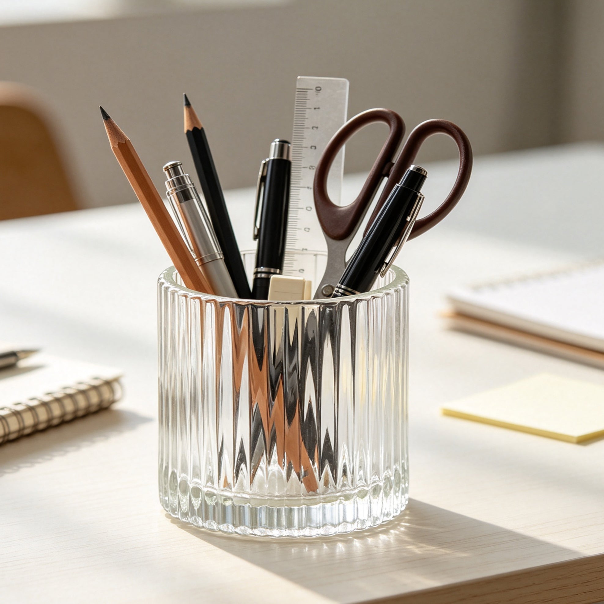 A ribbed glass candle jar repurposed into a chic office desk organizer holding pencils, pens, a ruler, and scissors in a sunlit workspace.