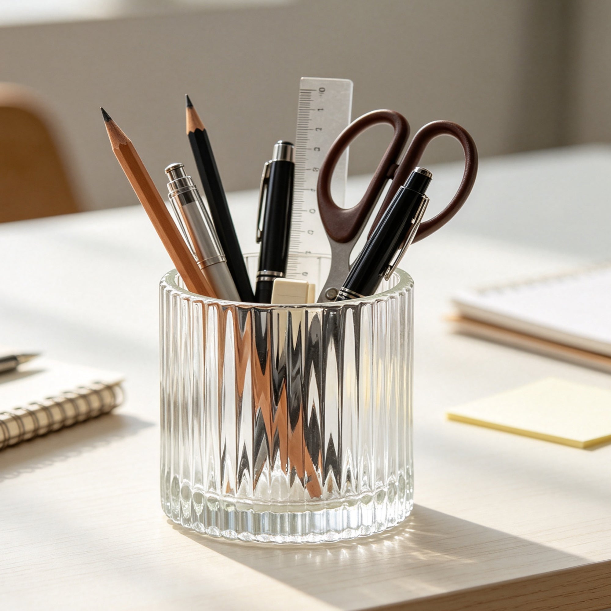 A ribbed glass candle jar repurposed into a chic office desk organizer holding pencils, pens, a ruler, and scissors in a sunlit workspace.