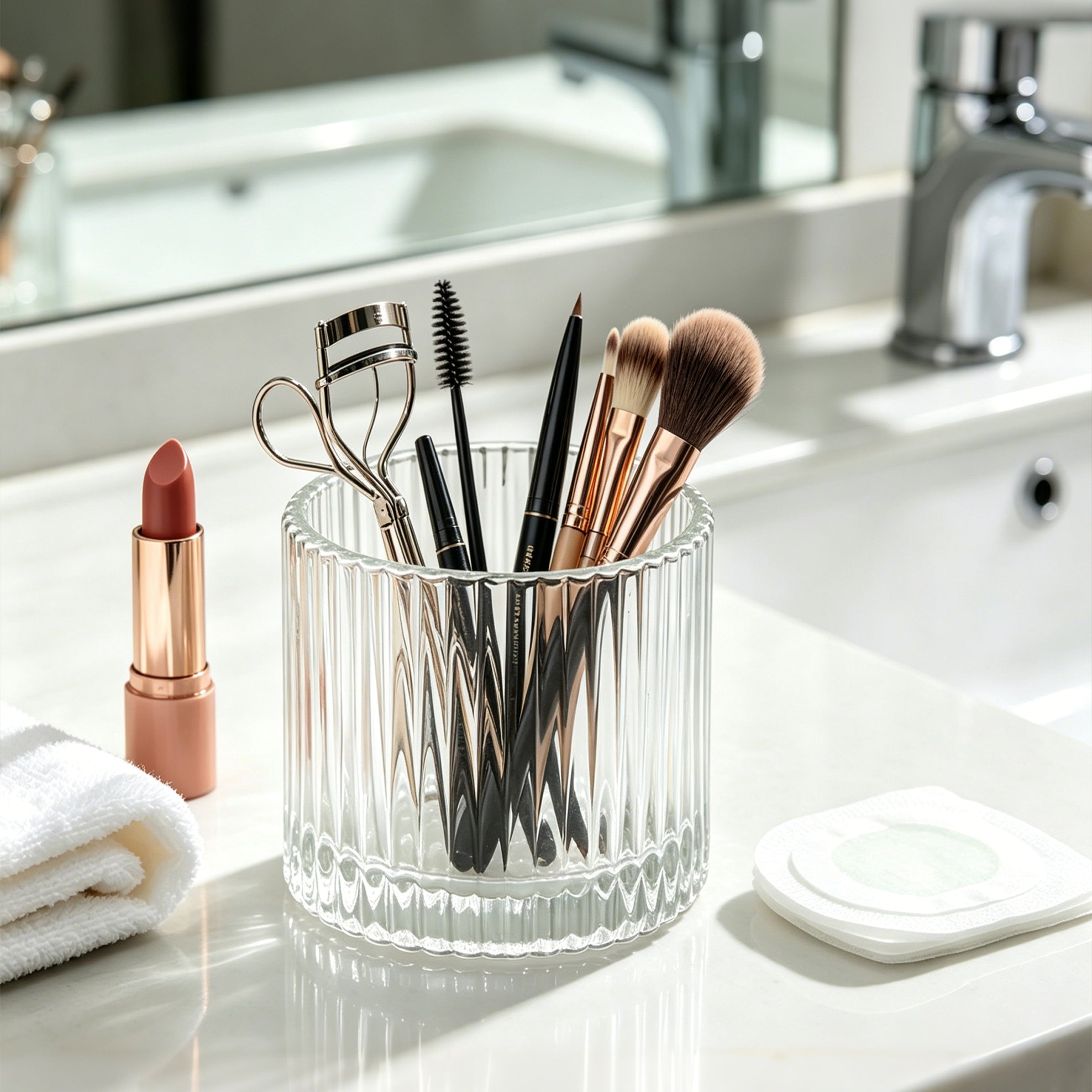 A premium ribbed glass candle jar reused as an elegant bathroom vanity organizer holding makeup brushes, an eyelash curler, and cosmetic tools.
