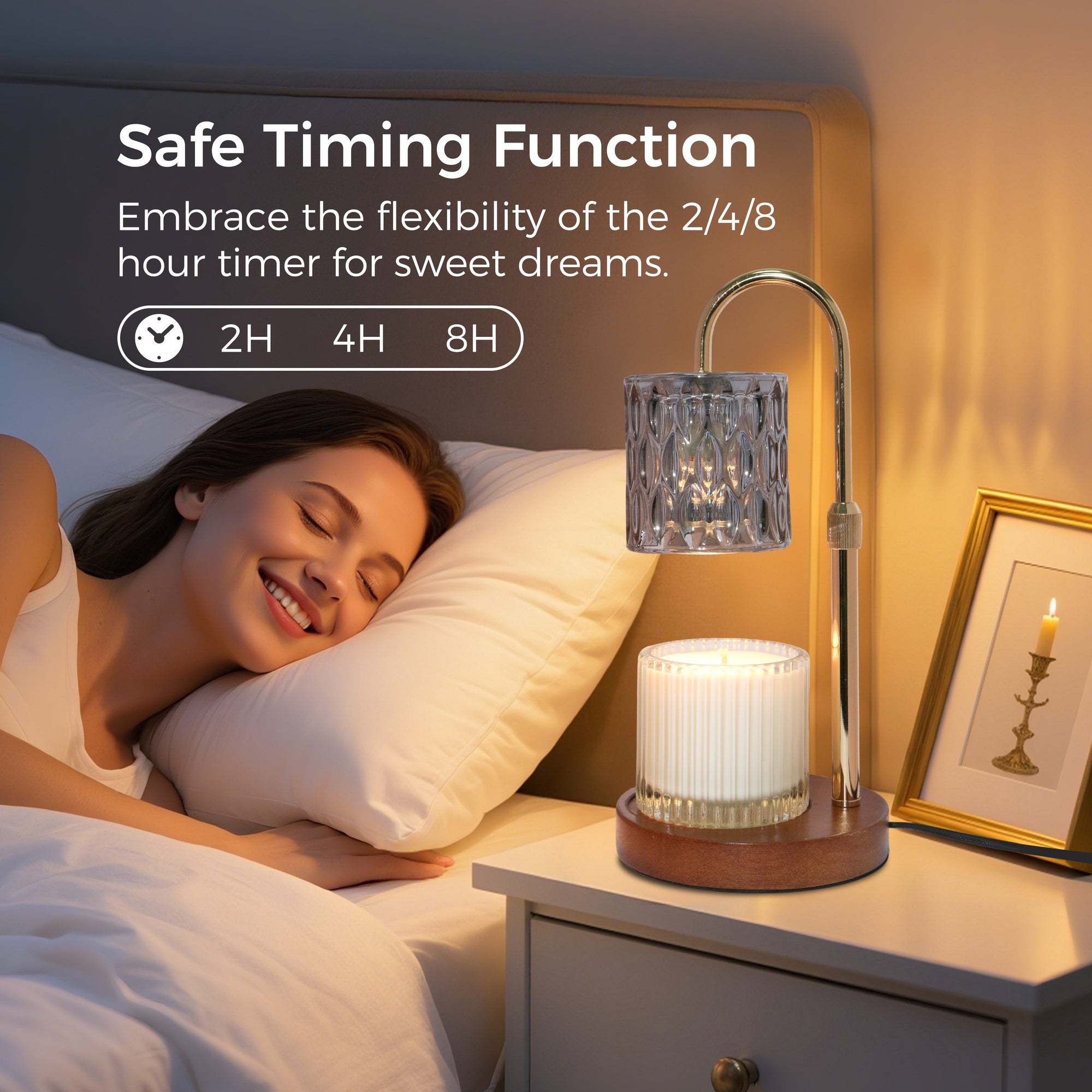 An electric smoky grey candle warmer lamp glowing warmly on a bedroom nightstand next to a sleeping woman, highlighting the 2H, 4H, and 8H auto-shutoff timer.