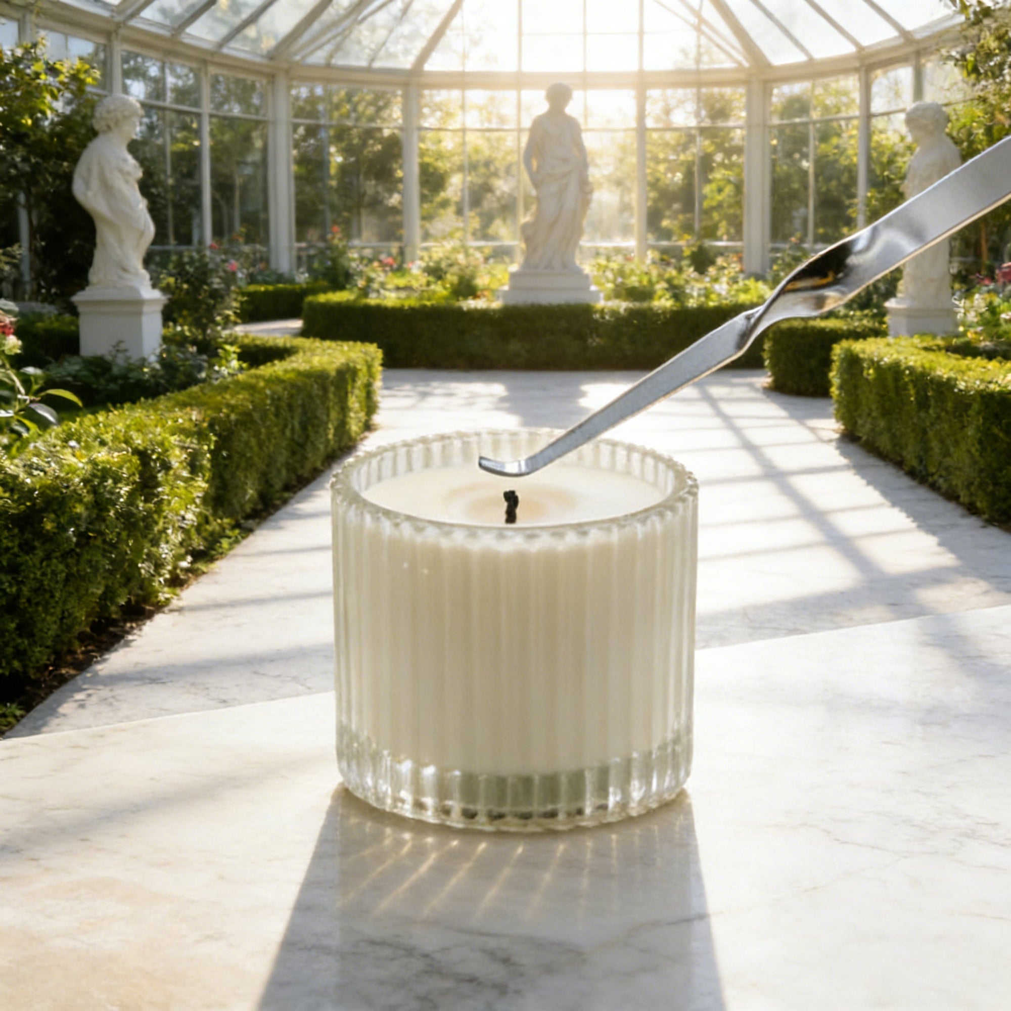 Adjusting a candle wick using a polished silver candle wick dipper inside a sunlit greenhouse setting.