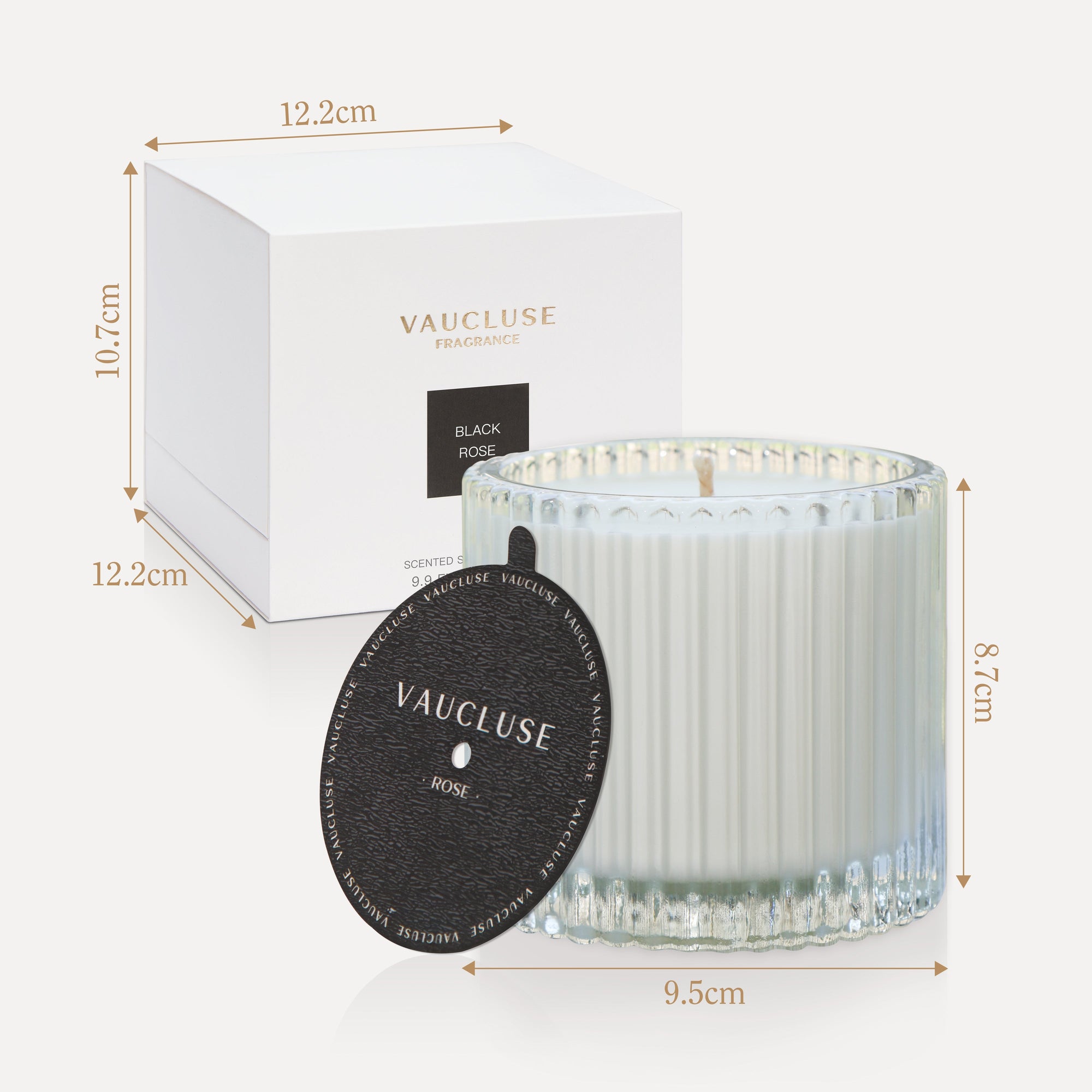 Graphic displaying the exact size dimensions in centimeters for the Vaucluse Black Rose scented candle glass jar and its square packaging box.