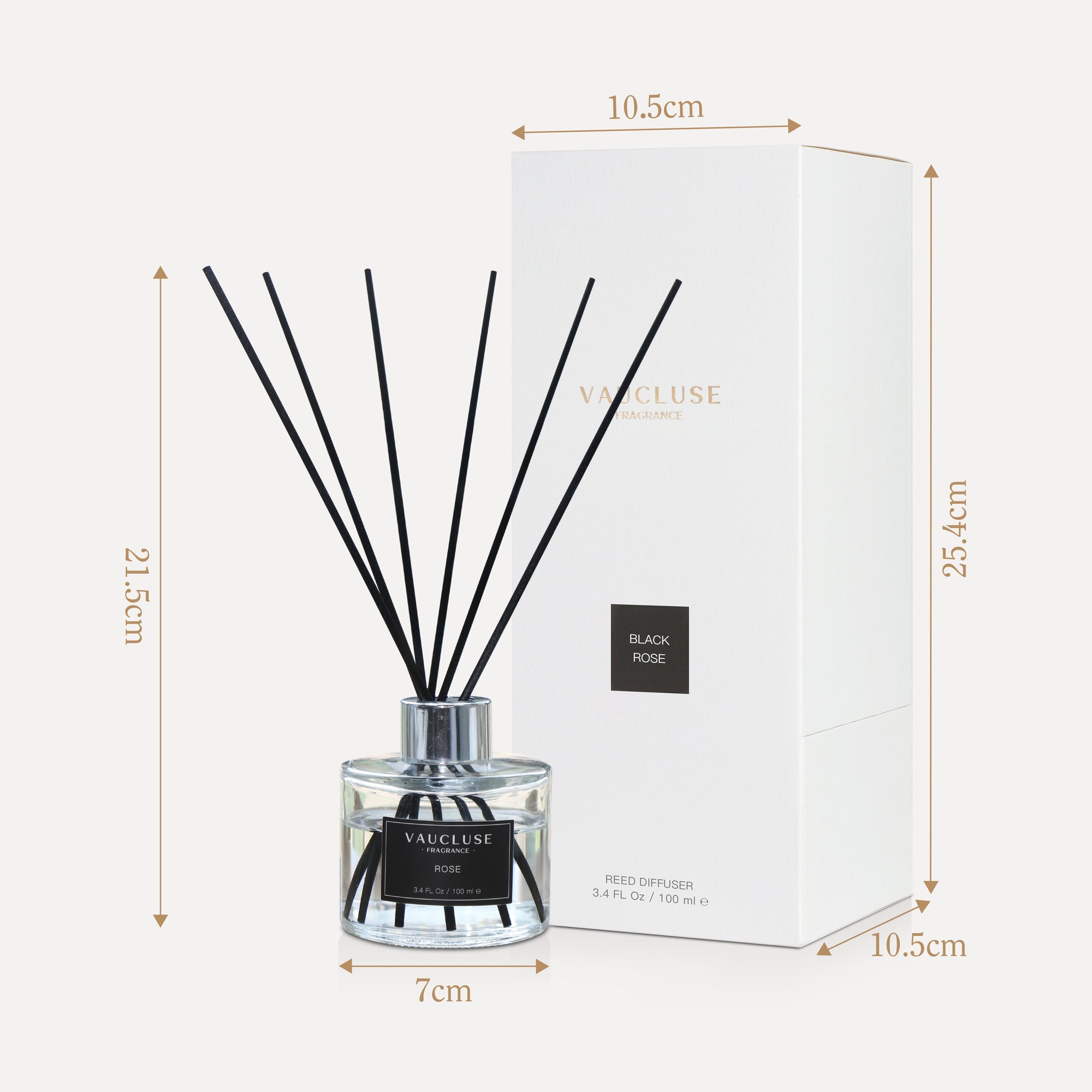 An infographic detailing dimensions for the Vaucluse diffuser, showing a 21.5cm total reed height, a 7cm bottle width, and box measurements of 25.4cm high and 10.5cm wide.