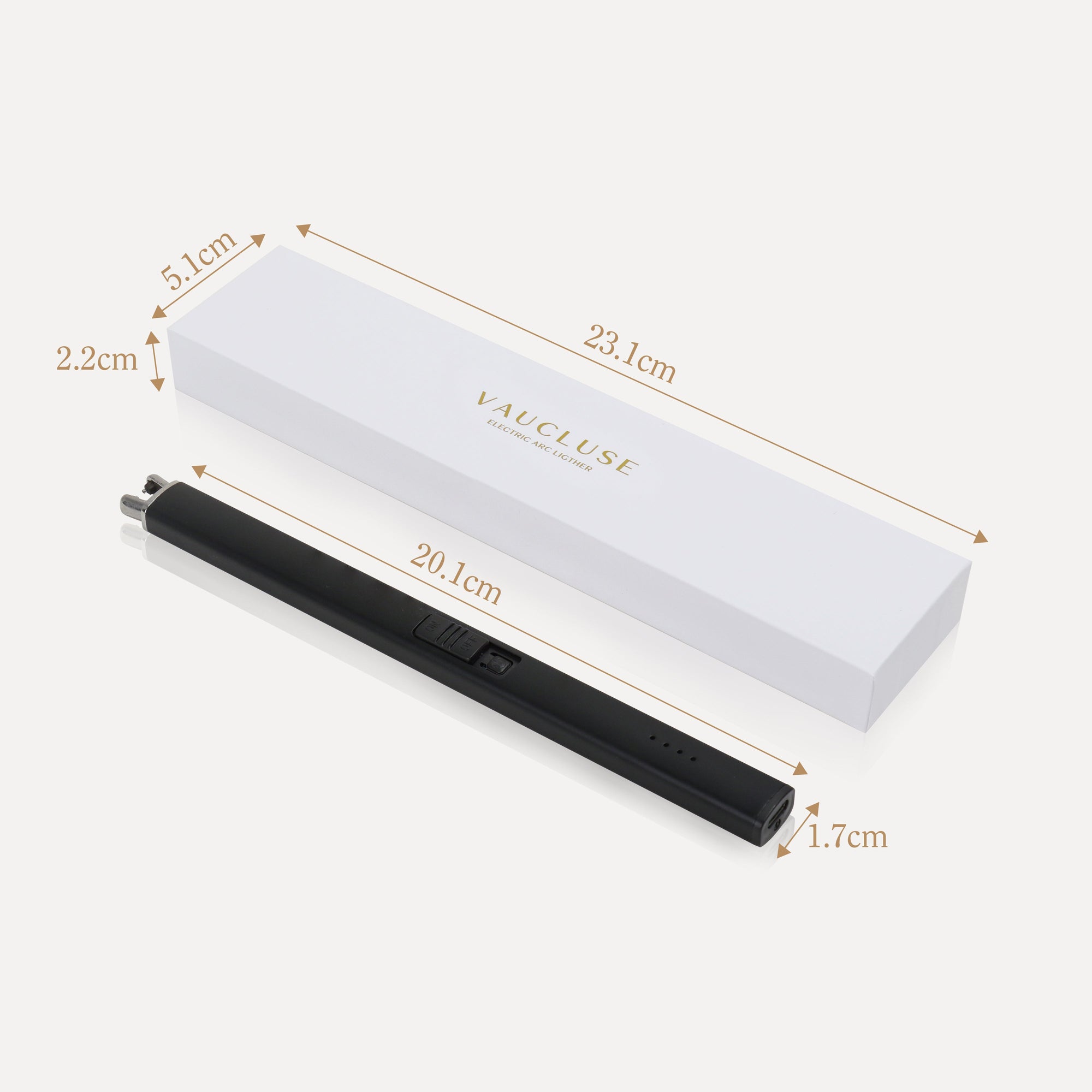 Labeled product diagram showing the exact length and width measurements of the Vaucluse black electric candle lighter and its gift box.