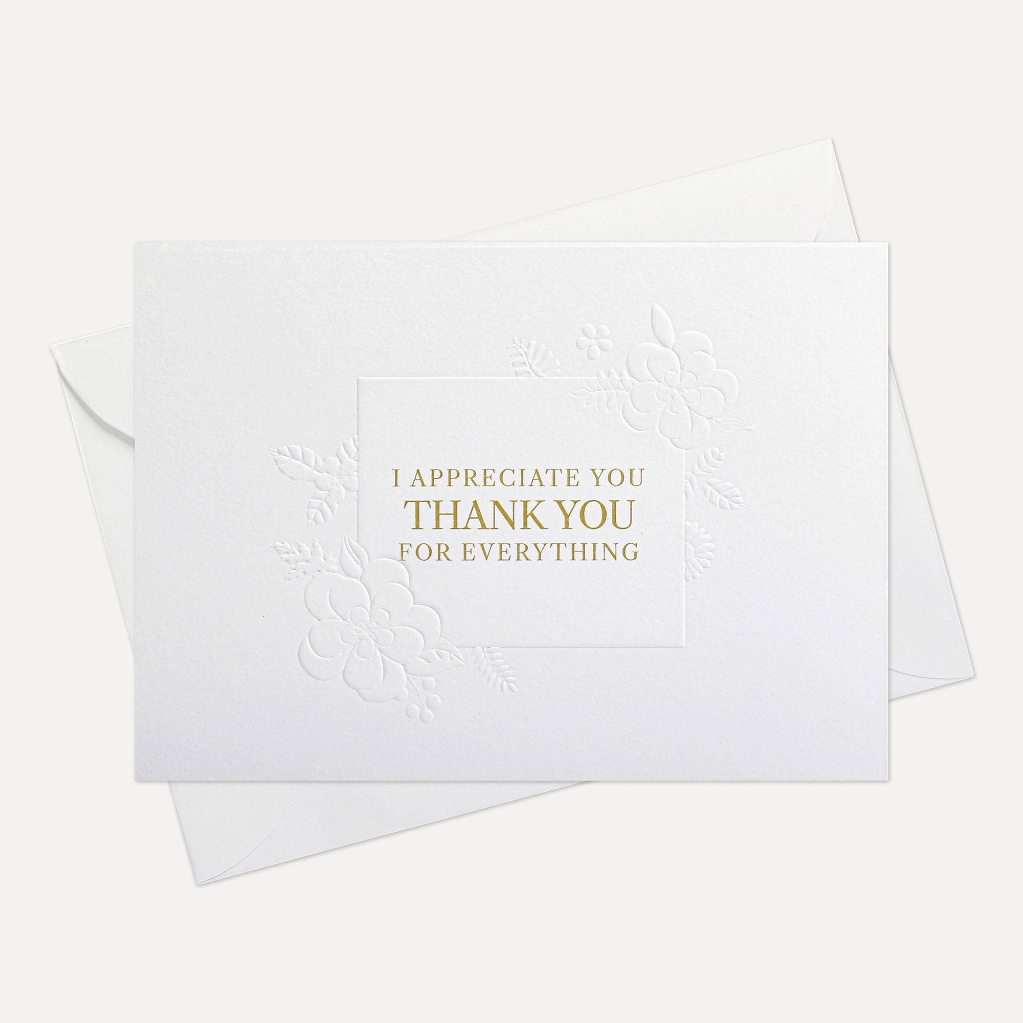 Front view of a minimalist white Vaucluse appreciation greeting card printed with "I Appreciate You, Thank You For Everything" resting on its white paper envelope.