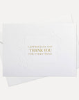 Front view of a minimalist white Vaucluse appreciation greeting card printed with "I Appreciate You, Thank You For Everything" resting on its white paper envelope.