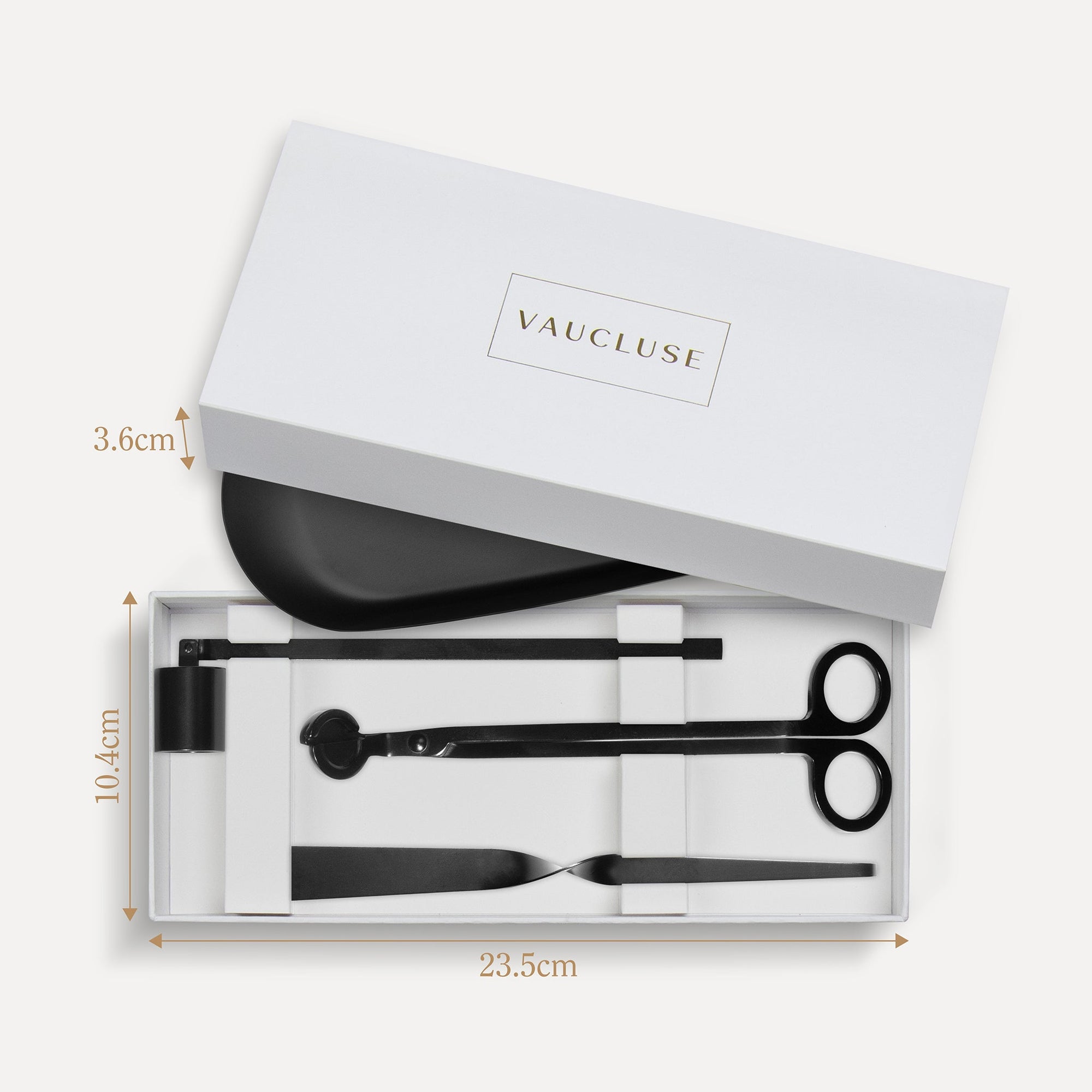 Vaucluse Fragrance branded white gift box showing the matte black candle care tool set inside with product dimensions.