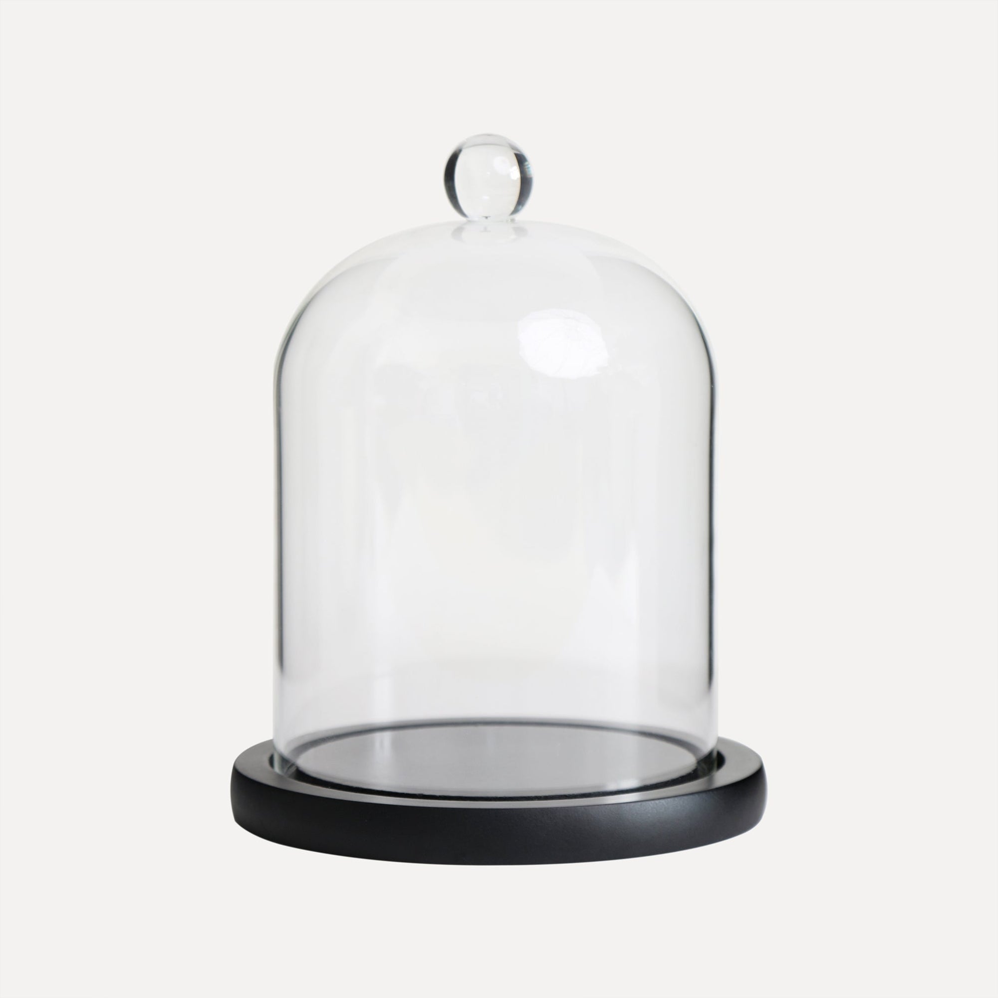A clear glass cloche bell jar dome sitting on a minimalist round black wooden base against a plain light gray background.