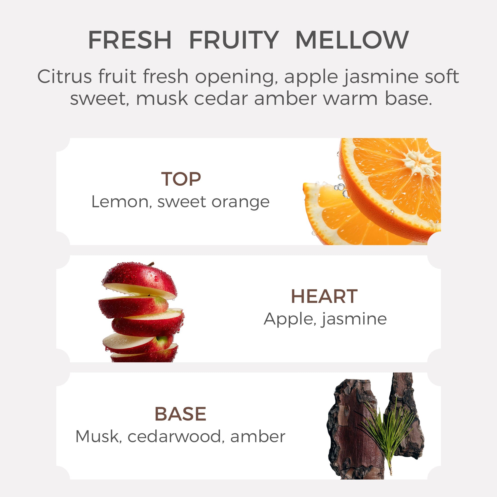 Fragrance pyramid showing top notes of lemon and sweet orange, heart notes of apple and jasmine, and base notes of musk, cedarwood, and amber for Vaucluse essential oil.