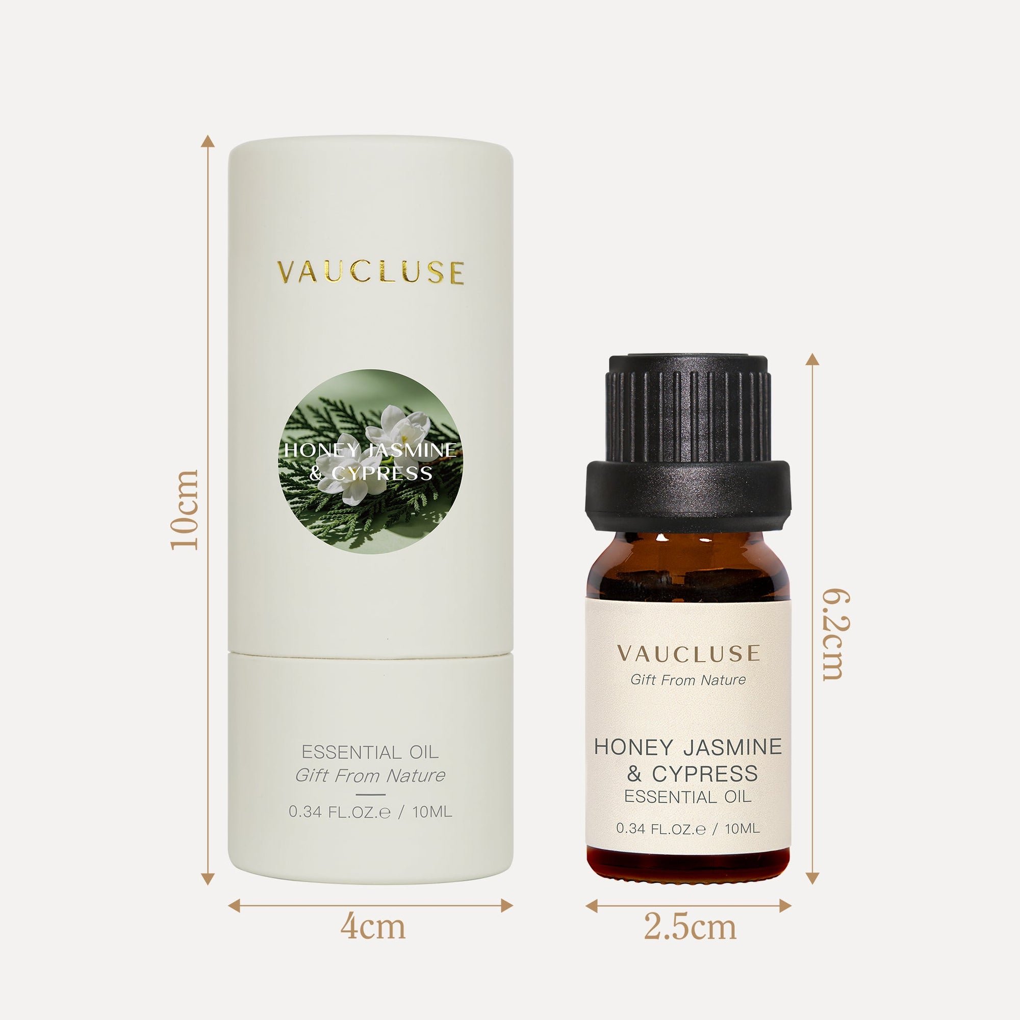 Dimensions and cylindrical outer packaging tube for Vaucluse 10ml Honey Jasmine and Cypress essential oil.