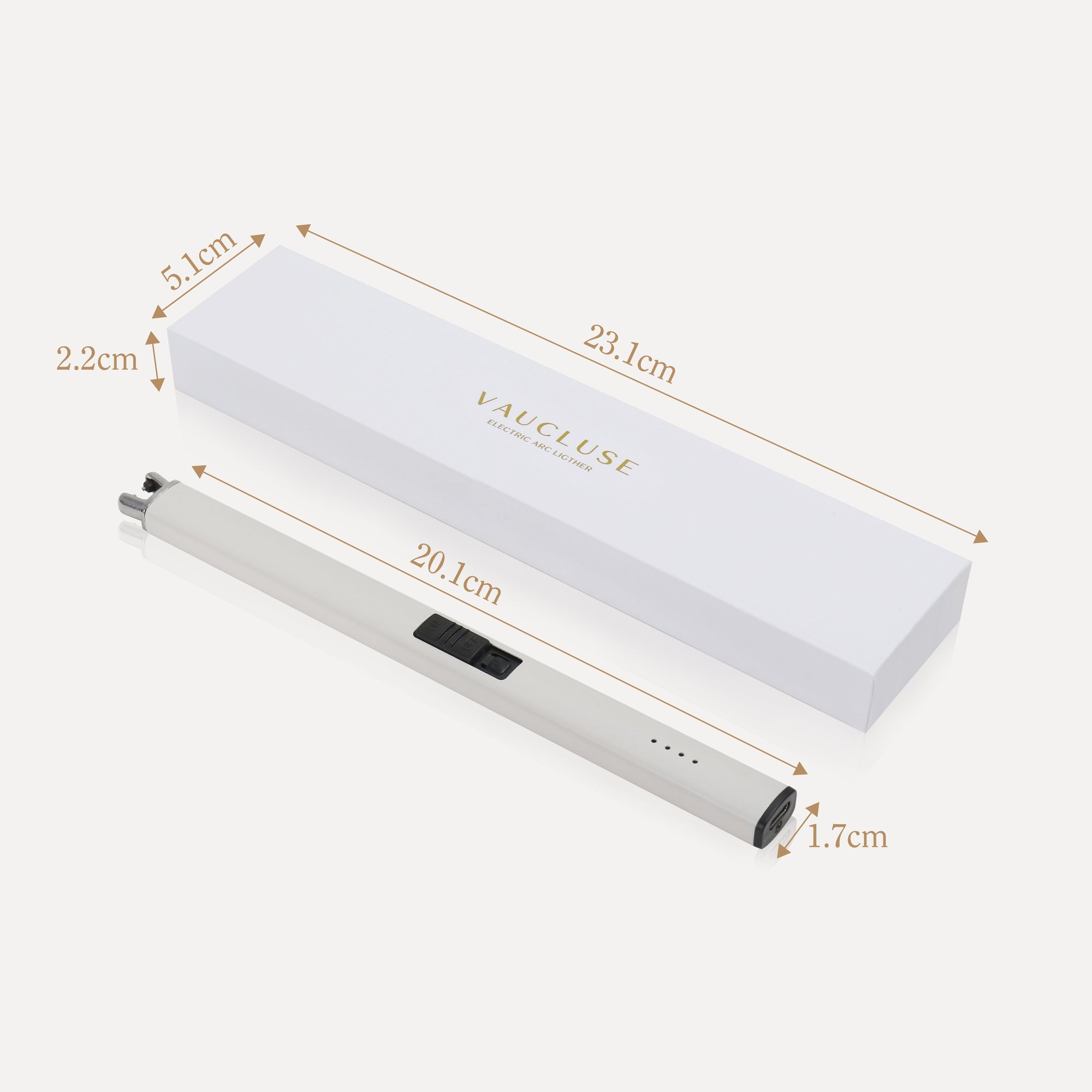 Labeled diagram displaying the exact length and width dimensions of the Vaucluse ivory electric candle lighter and packaging box.