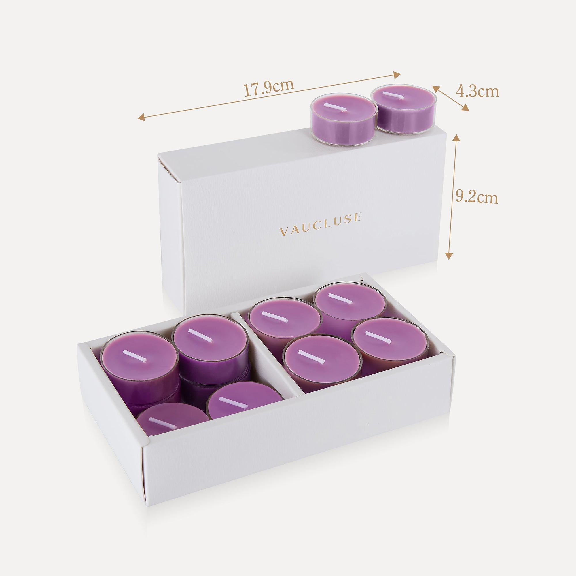 Product dimensions graphic showing the height, width, and depth measurements in centimeters for the Vaucluse Lavender tealight candle box packaging.