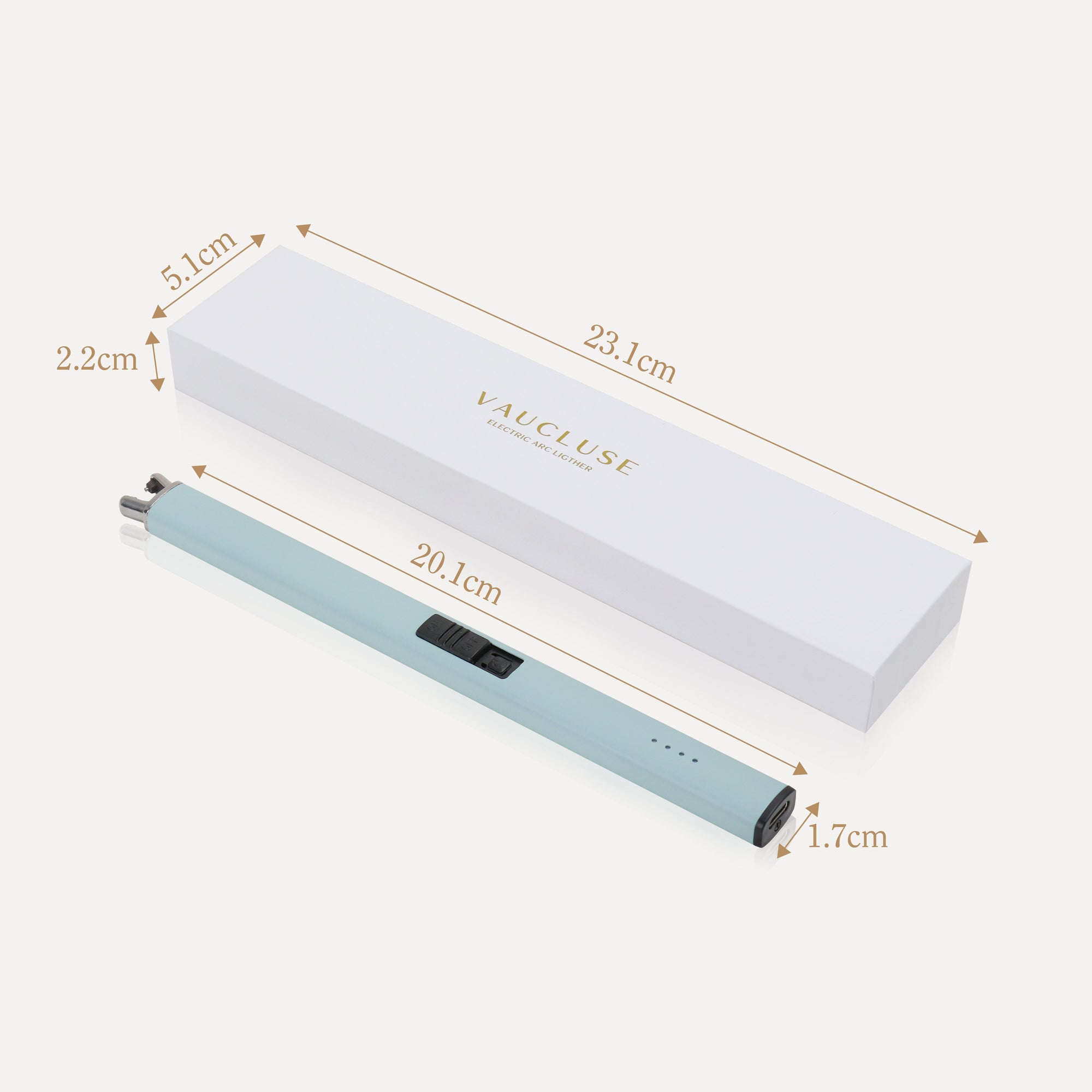 Labeled diagram displaying the precise physical dimensions in centimeters for the Vaucluse light teal electric candle lighter and its packaging box.