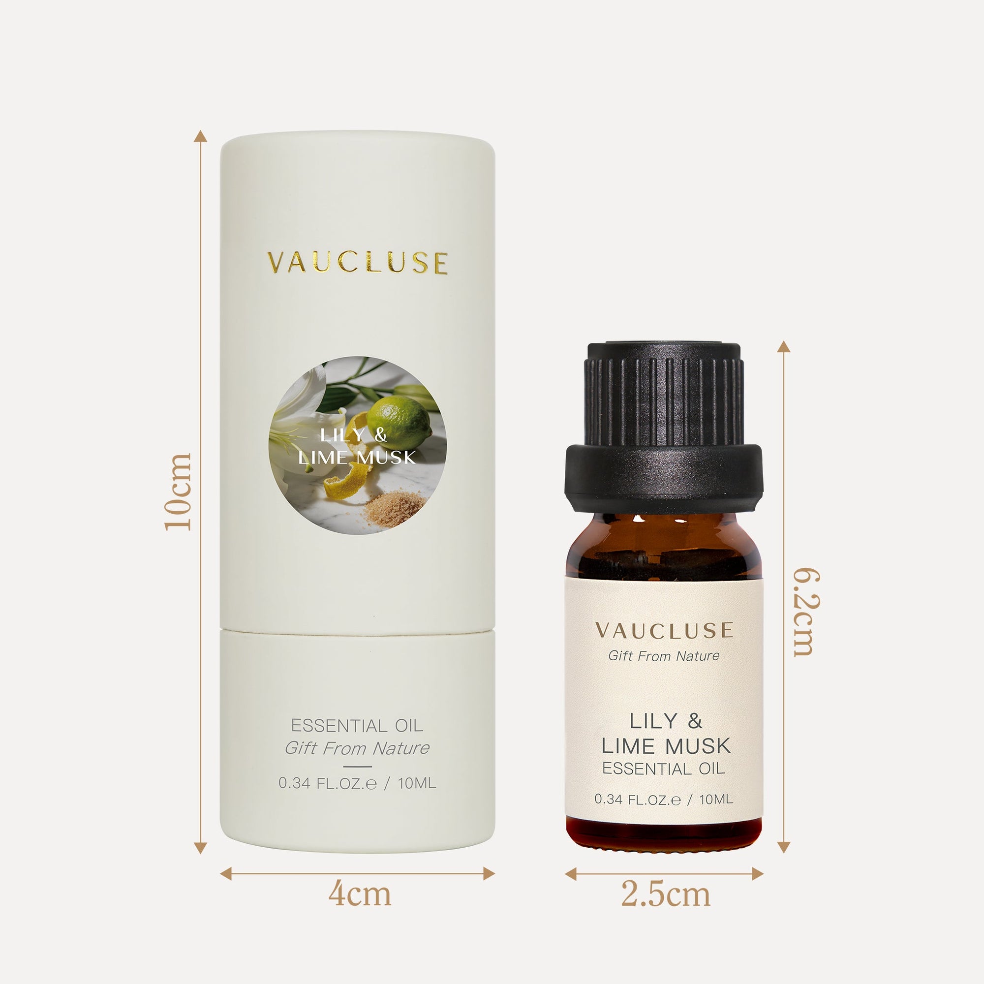 Dimensions and cylindrical outer packaging tube for Vaucluse 10ml Lily and Lime Musk essential oil.