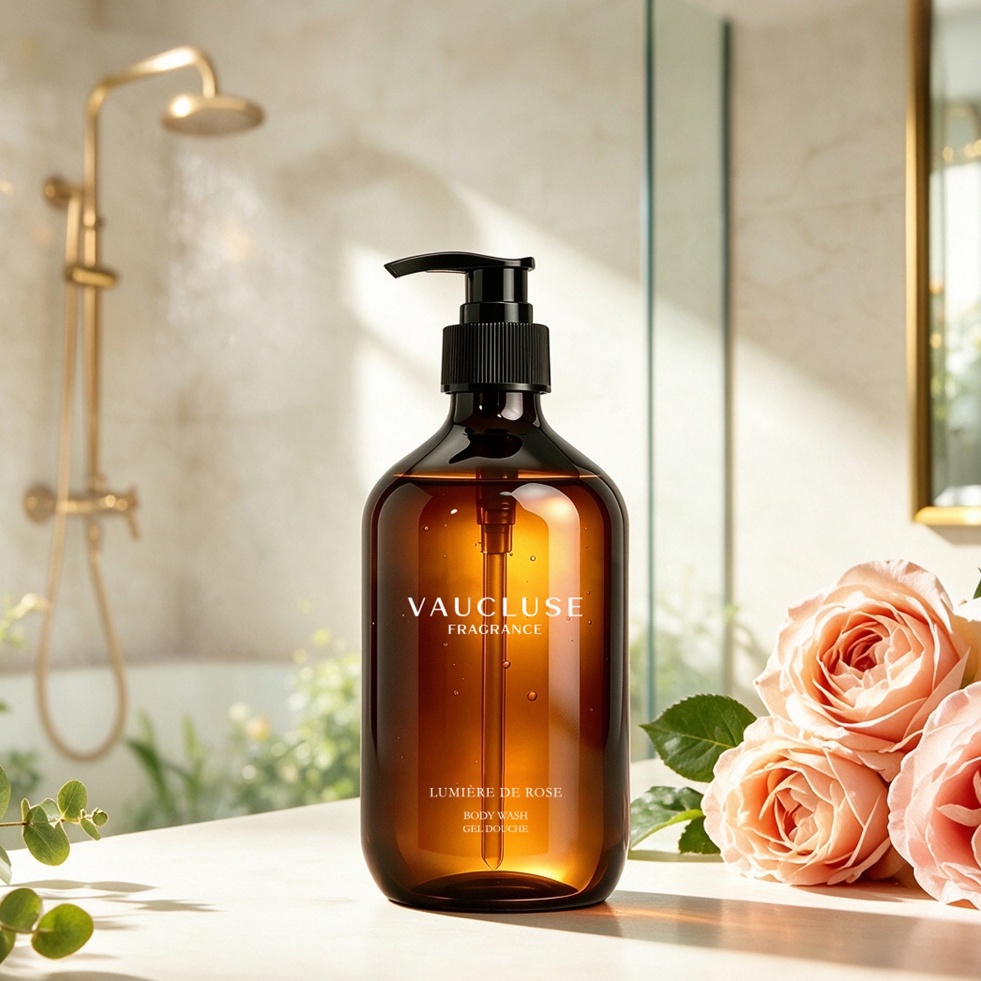 Vaucluse Lumière de Rose body wash placed on a bathroom counter next to fresh pink roses.