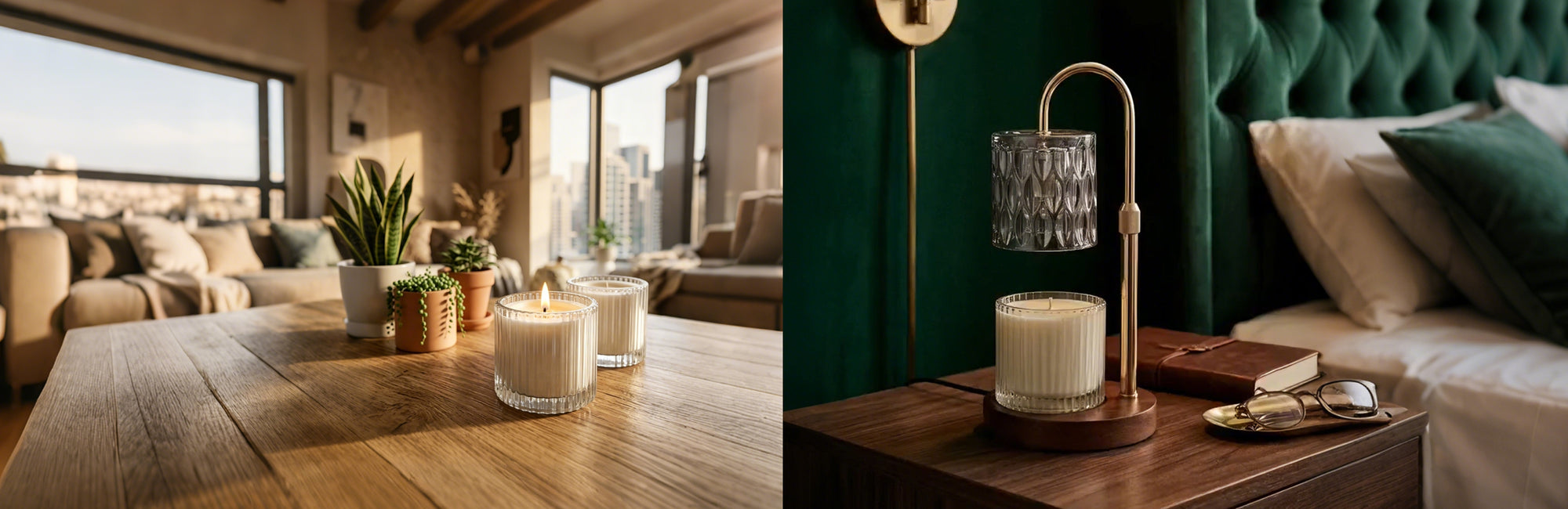 A luxury electric candle warmer lamp gently melting a Vaucluse scented candle to release soot-free home fragrance without an open flame.