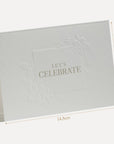 Technical size measurement diagram illustrating the 14.8 cm width and precise physical dimensions of the Vaucluse embossed Let's Celebrate greeting card.
