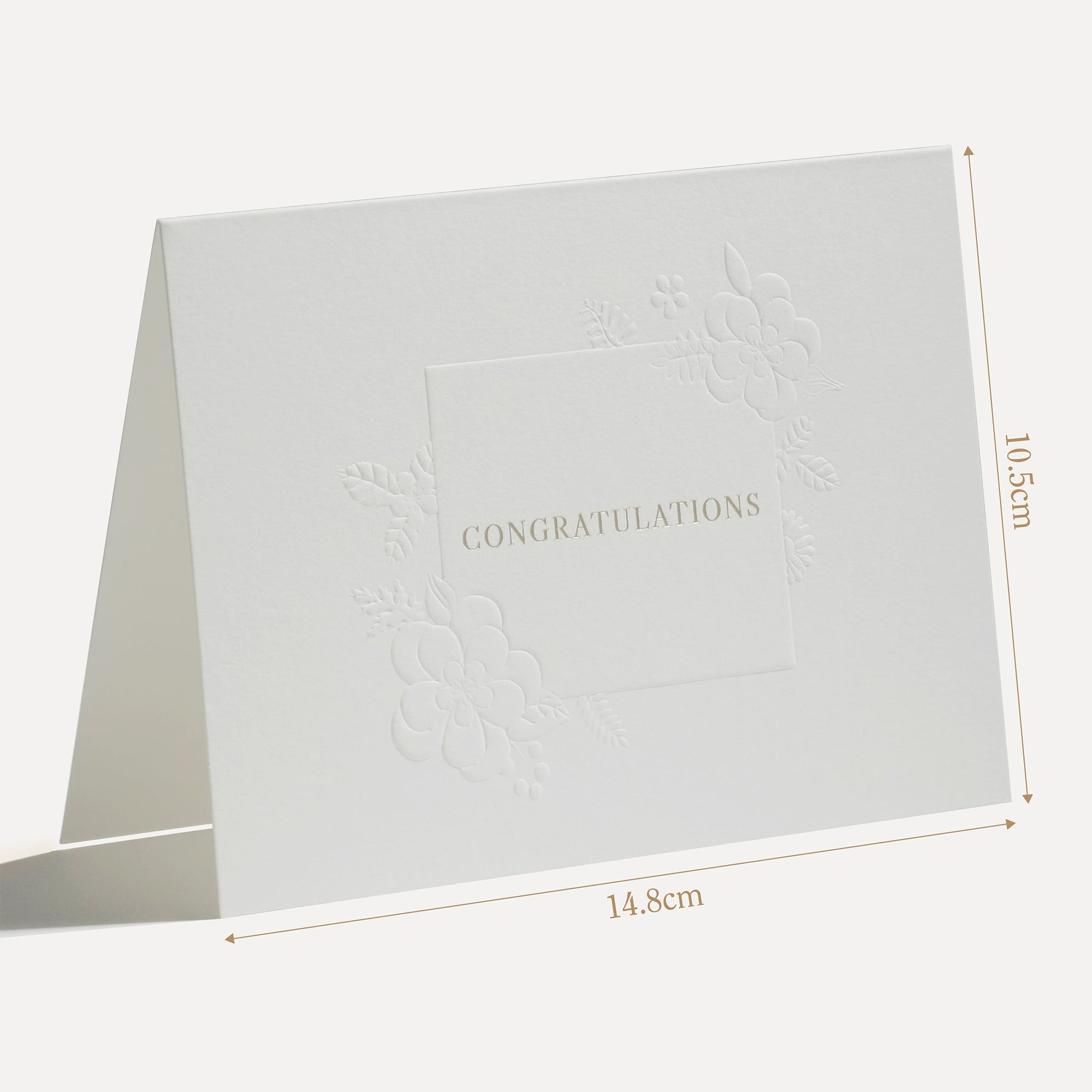 Technical size measurement diagram illustrating the 14.8 cm width and physical dimensions of the Vaucluse embossed congratulations greeting card.