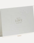 Technical size measurement diagram illustrating the 14.8 cm width and physical dimensions of the Vaucluse embossed love greeting card.