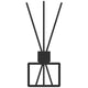Line drawing of a minimalist square glass diffuser bottle with three reeds inserted through the collar for subtle home scenting.