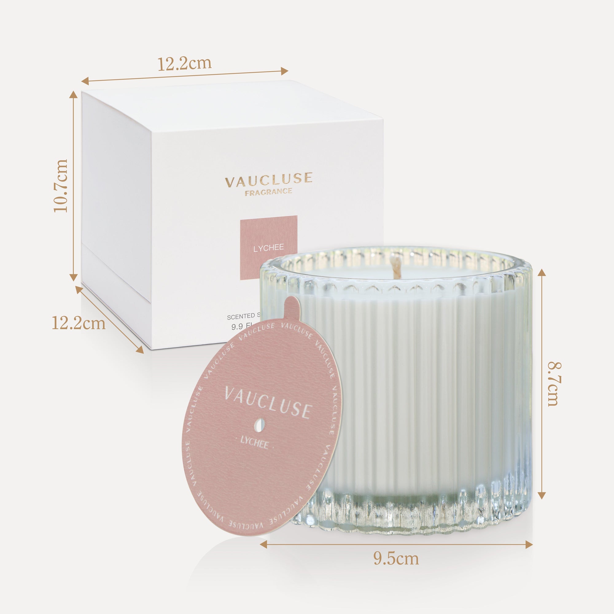 Product dimension graphic showing the exact height and width measurements in centimeters for the Vaucluse Lychee scented candle and its gift box.