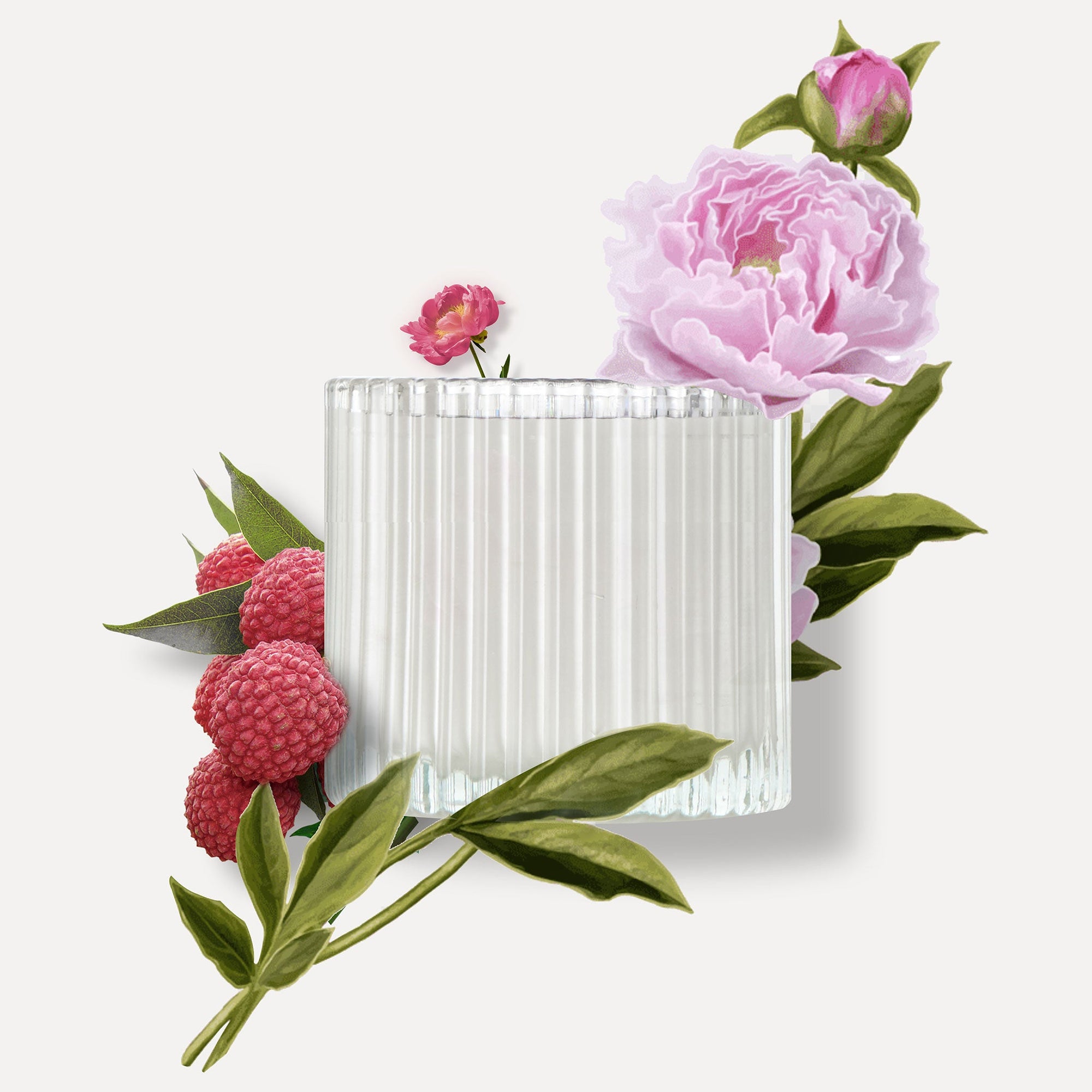 Top view of a ribbed clear glass Vaucluse candle jar beautifully arranged with fresh pink peonies and ripe red lychee fruits.