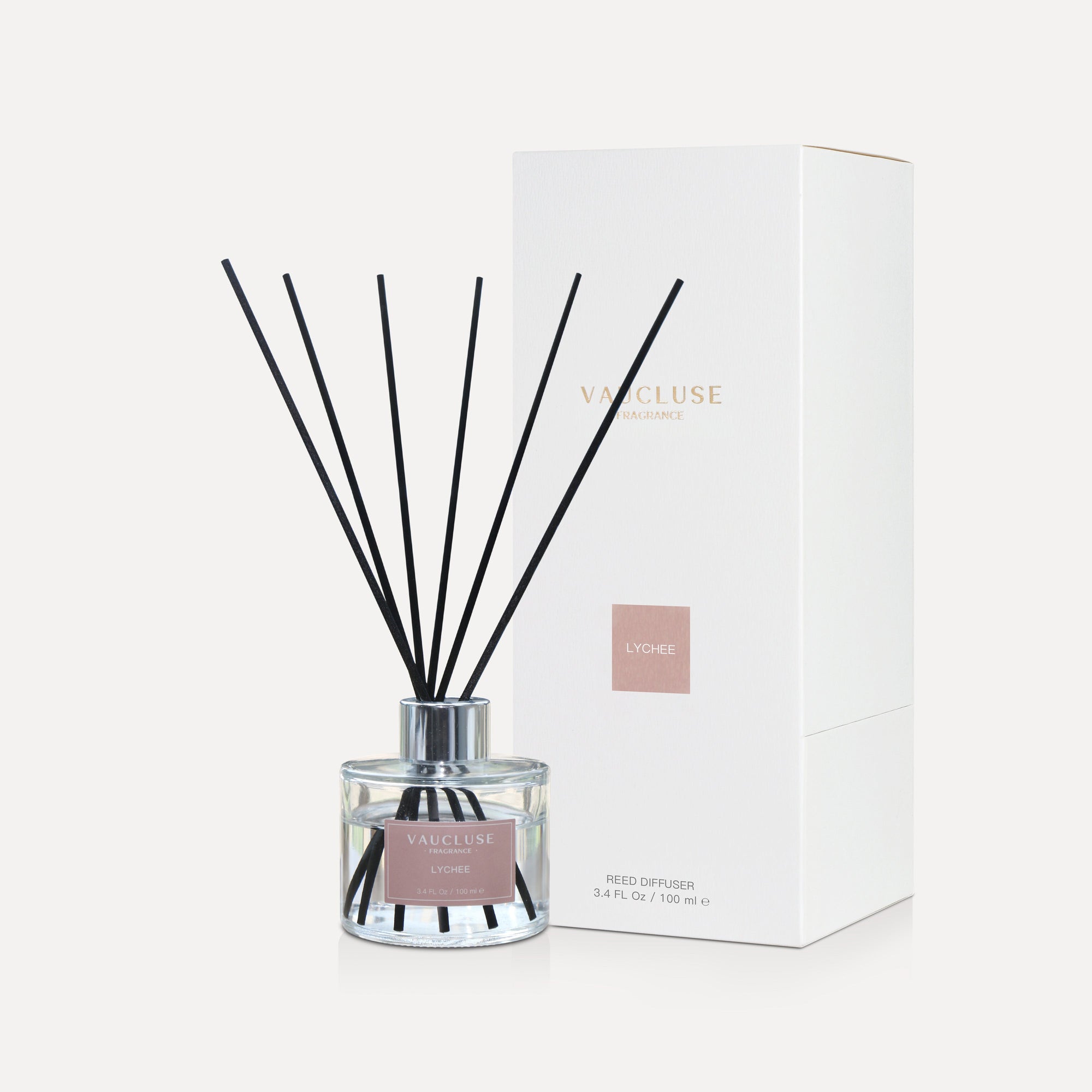 Vaucluse Lychee luxury reed diffuser in a 100ml glass bottle with matching gift box.