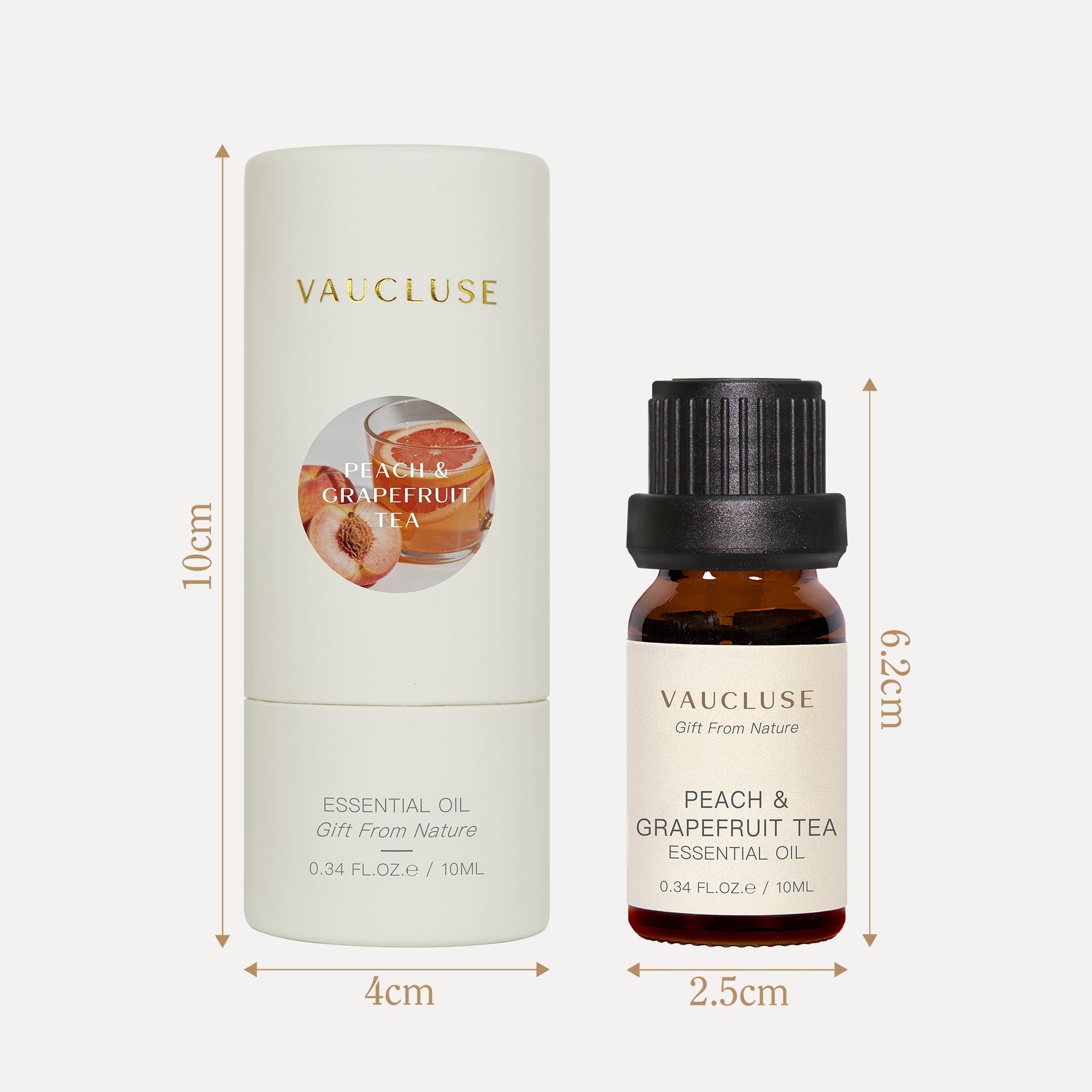 Packaging tube and bottle dimensions for Vaucluse 10ml Peach and Grapefruit Tea essential oil.