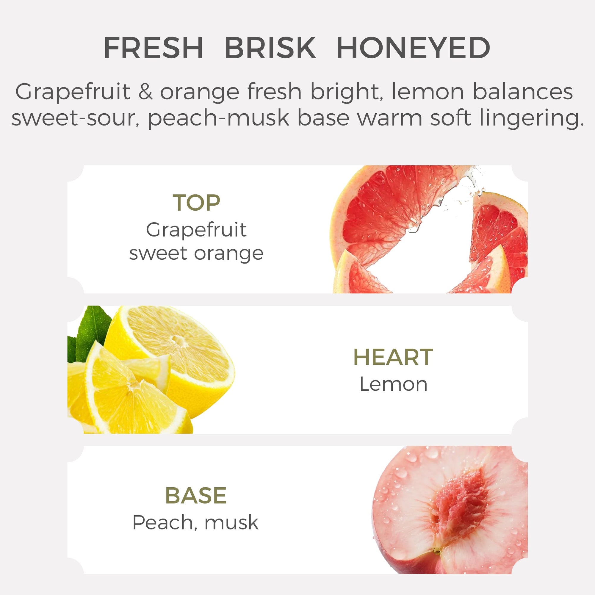Fragrance pyramid diagram showing top, heart, and base notes of Vaucluse Peach and Grapefruit Tea essential oil.