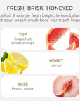 Fragrance pyramid diagram showing top, heart, and base notes of Vaucluse Peach and Grapefruit Tea essential oil.