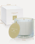 Graphic showing the exact dimensions and size measurements in centimeters for the Vaucluse luxury scented candle jar and its square product packaging box.
