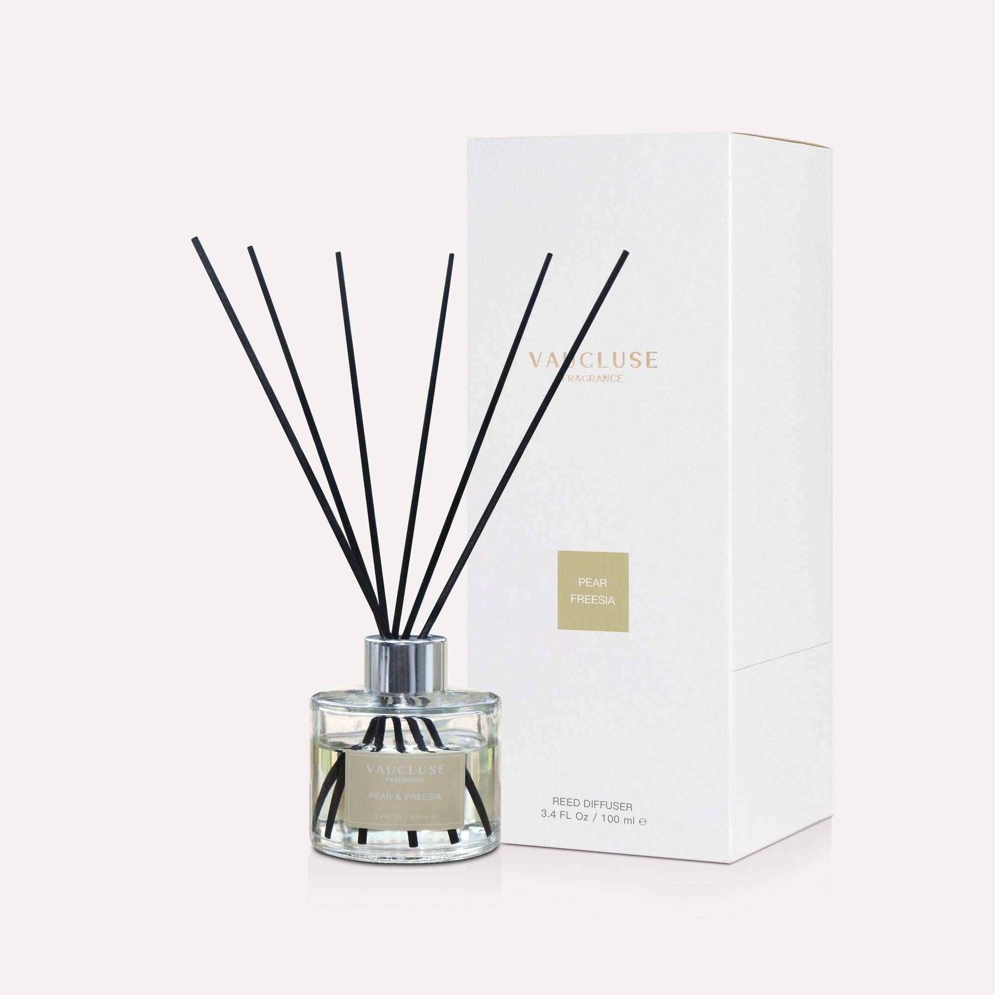 Elegant Vaucluse Pear & Freesia reed diffuser, a premium home fragrance for sophisticated interiors.