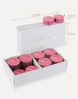 Product packaging dimension infographic for Vaucluse rose tealight candles showing a box length of 17.8cm, width of 4.3cm, and height of 9.2cm.