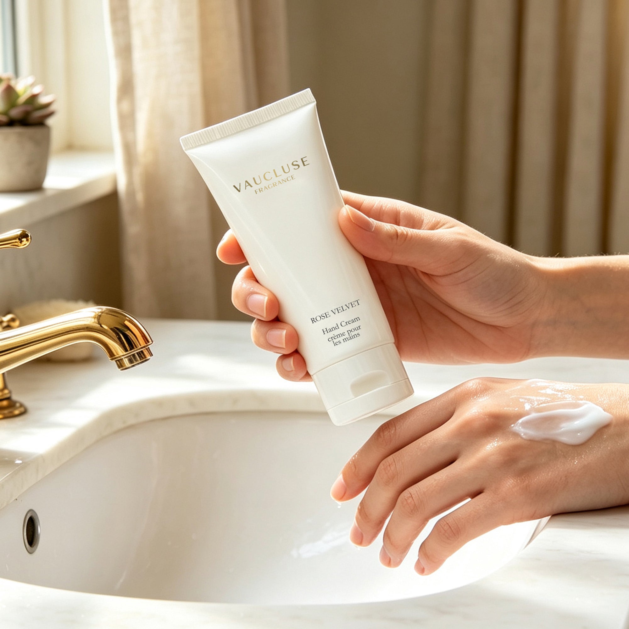Woman holding Vaucluse Rose Velvet hand cream tube after applying moisturizing cream on her skin by a marble bathroom sink.