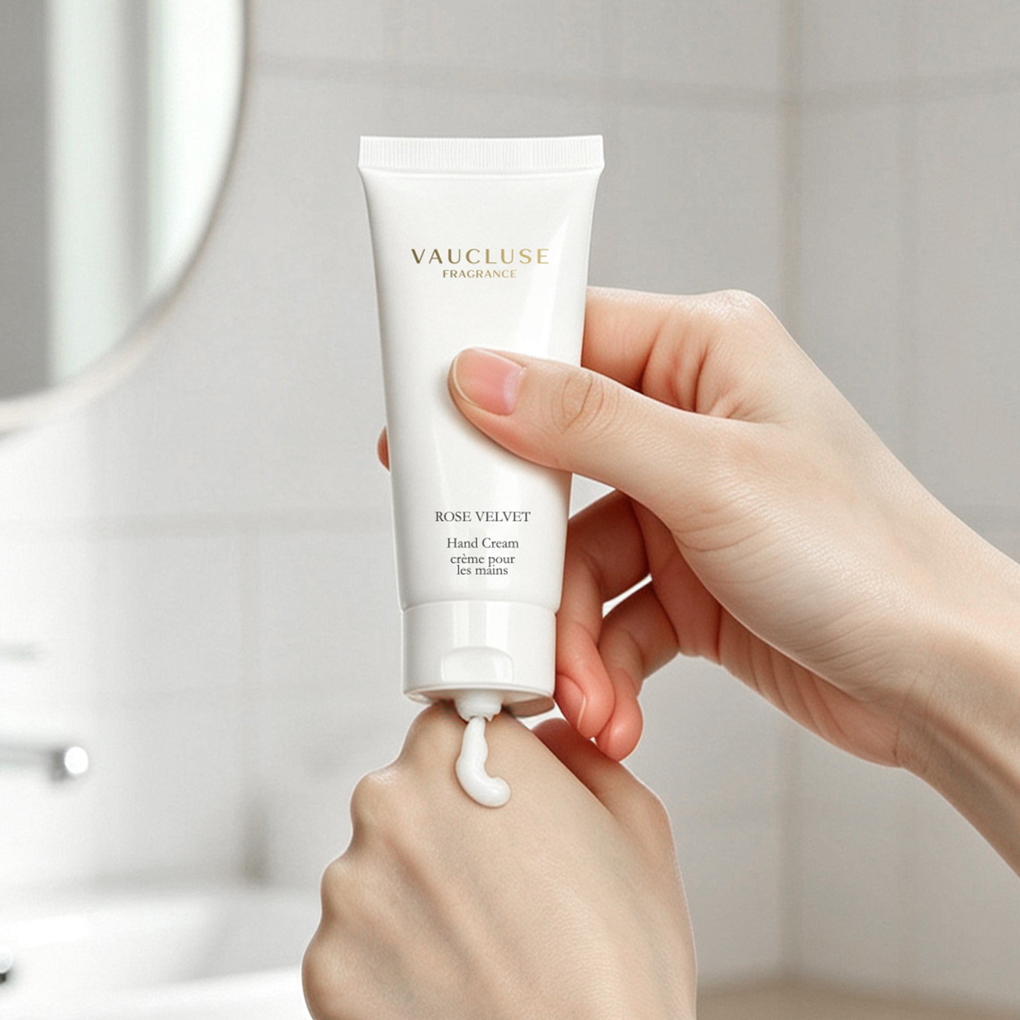Woman squeezing a dollop of Vaucluse Rose Velvet hand cream onto the back of her hand in a brightly lit bathroom.