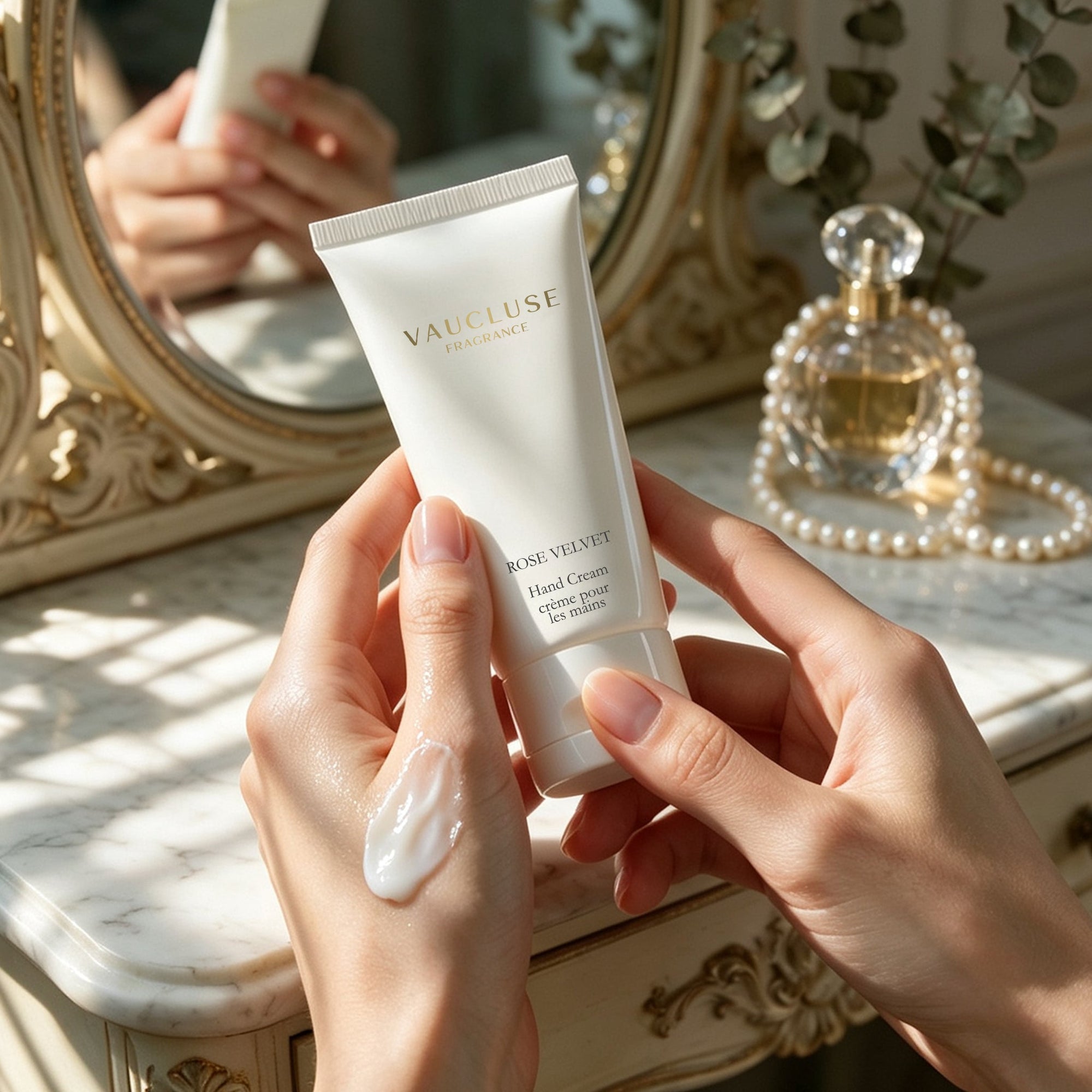 Woman holding Vaucluse Fragrance Rose Velvet hand cream at a vintage vanity table, showing smooth lotion texture on her hand.