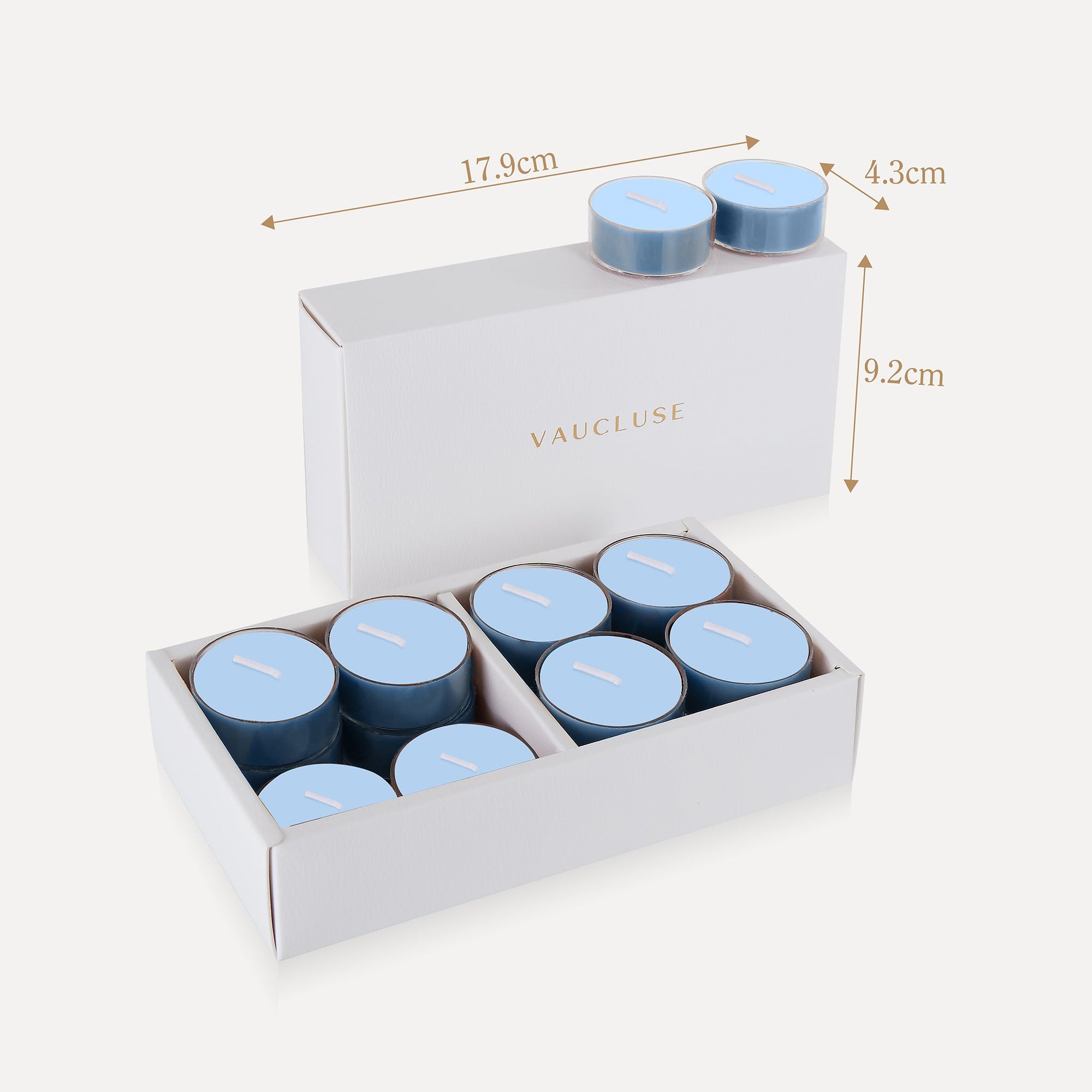 Product packaging dimension infographic for the Vaucluse sea breeze tealight candles box, indicating a length of 17.8cm, width of 4.3cm, and height of 9.2cm.