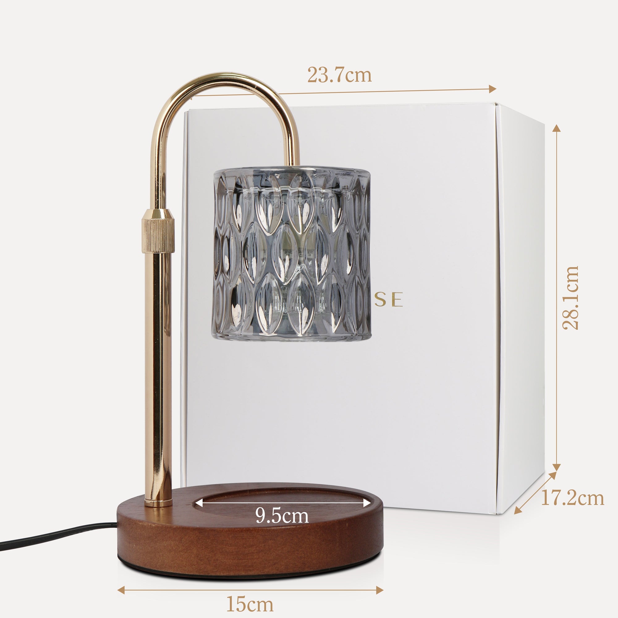 Labeled diagram showing the exact height, base diameter, and shade width dimensions of the Vaucluse smoky grey crystal candle warmer lamp.