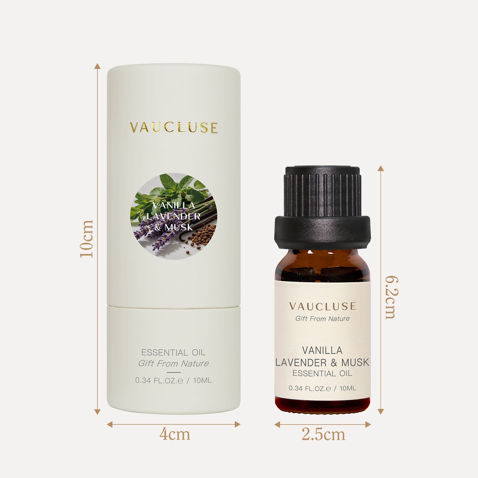 Dimensions and cylindrical tube packaging diagram for Vaucluse 10ml Vanilla Lavender and Musk essential oil.
