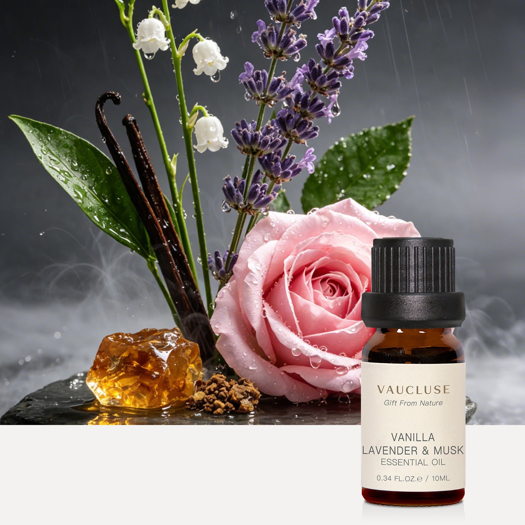 Vaucluse Vanilla Lavender and Musk essential oil bottle against a backdrop of fresh roses, lily of the valley, lavender, vanilla, and amber.